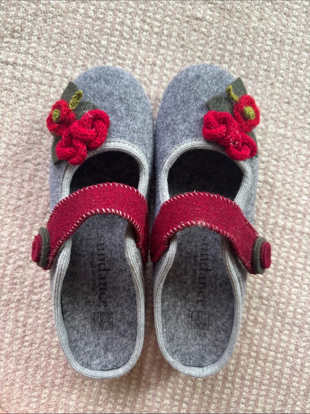 Womens Gray Wool Mary Jane Shoes with Red Flower Accent Sundance Blossom